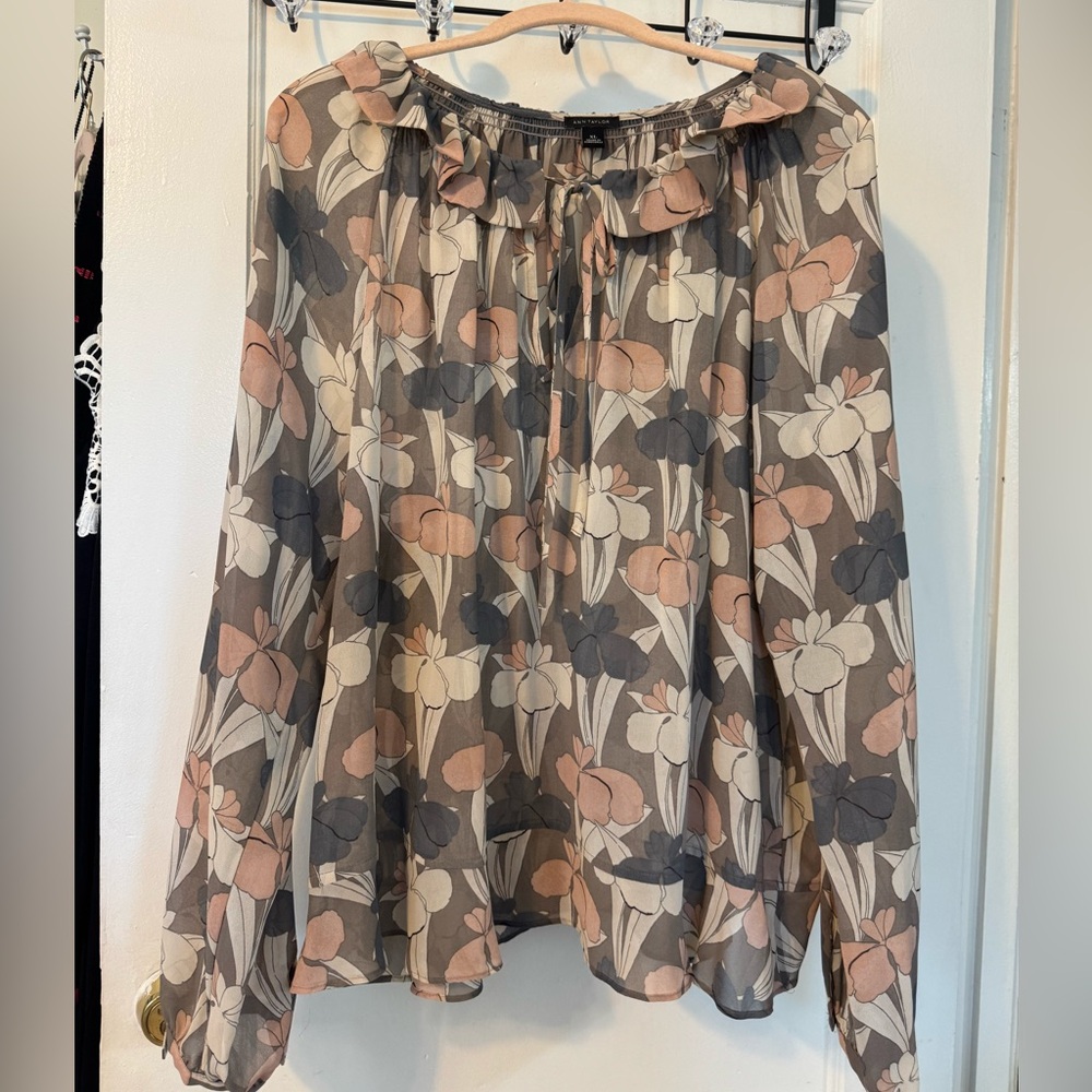Ann Taylor Floral Blouse with Ruffle Neckline and Tie